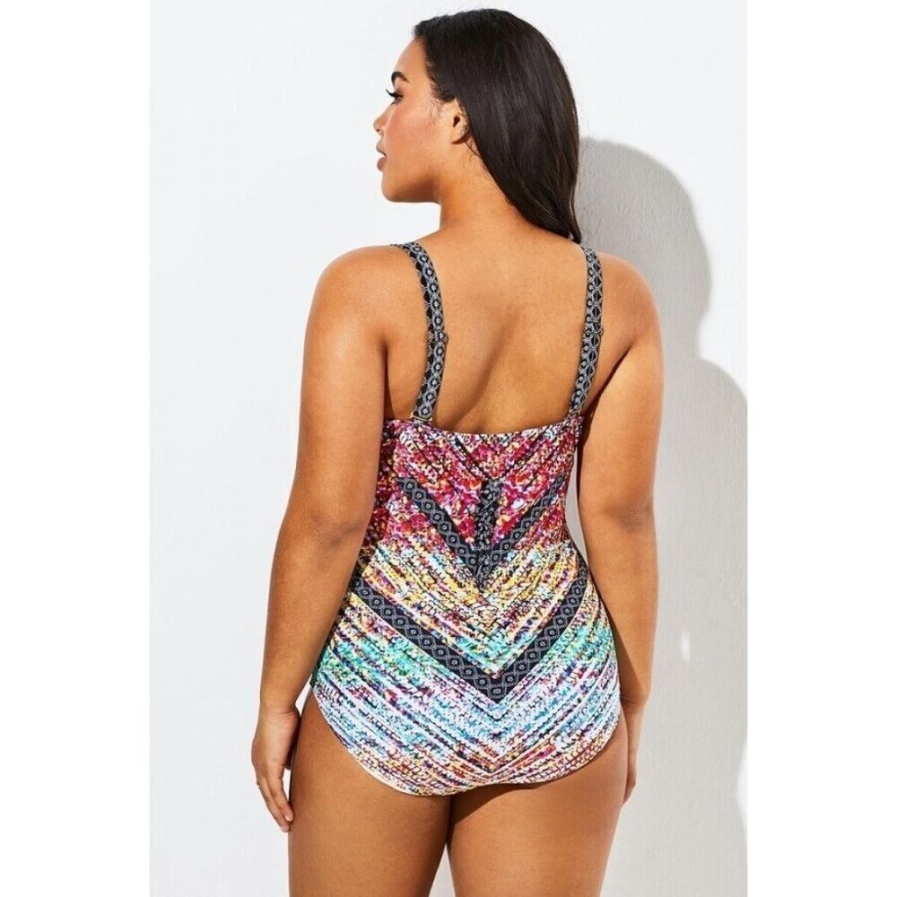 Meet Curve Multicolored Plunge Underwire Molded Cups One Piece Swimsuit 4X 4XL - Picture 2 of 12